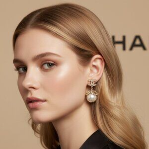 CHANEL Gold Tone CC Crystal Faux Pearl Drop Earrings